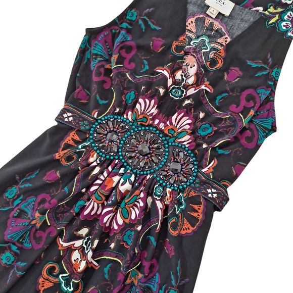 ECI New York Black Floral Bohemian Boho Beaded Sleeveless Shift Dress sz8 - Picture 7 of 9